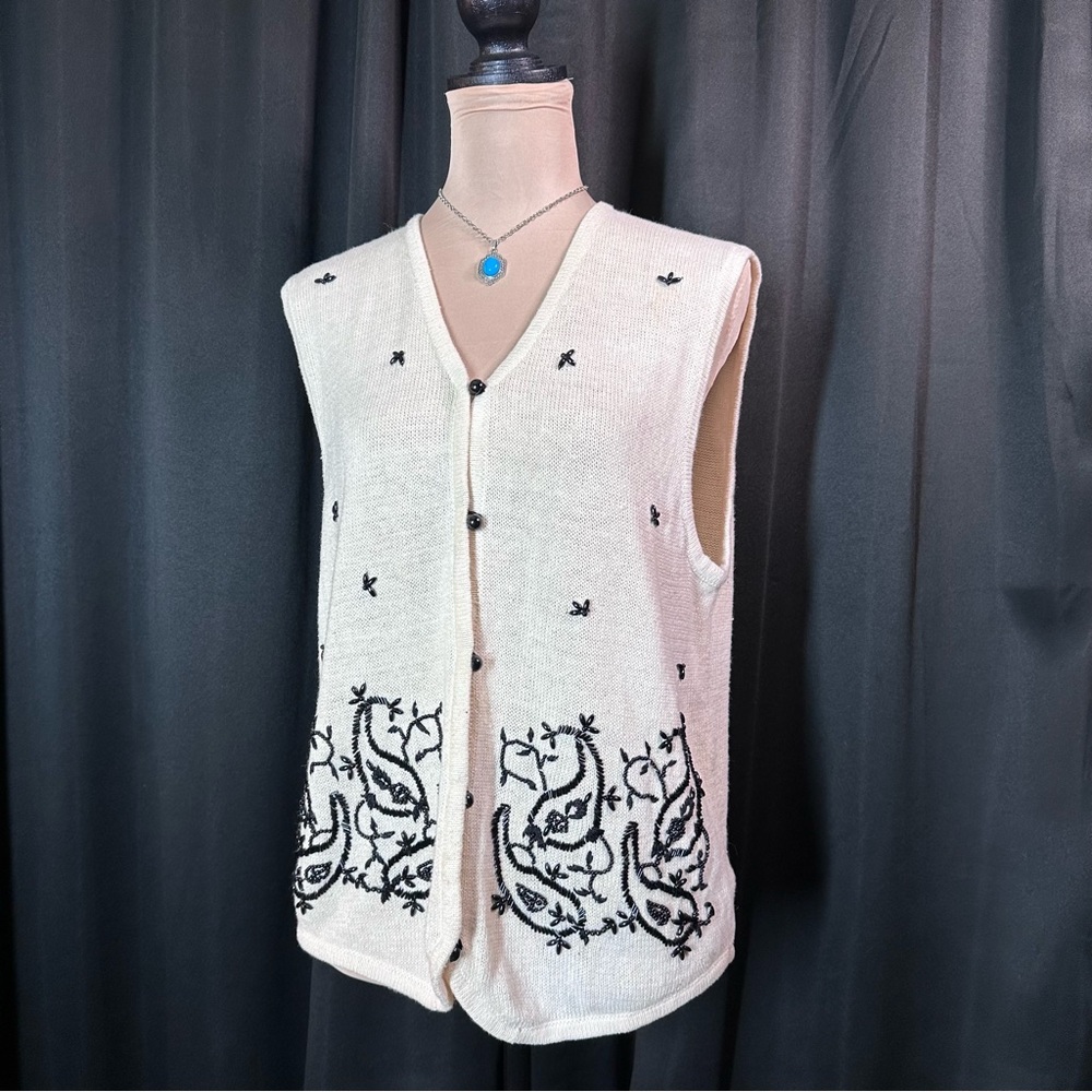 Requirements Vintage Knit Open Front‎ Vest Hand Beaded Sz M Birds Teacher Office